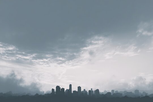 A serene and moody panoramic silhouette of a modern cityscape under an overcast sky, evoking a tranquil atmosphere.