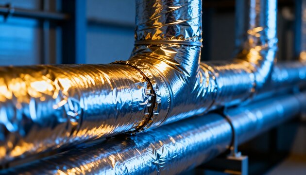 Closeup medium shot of reflective foil insulation wrapped around HVAC pipes highlighting its radiant heat barrier effect to enhance system performance.