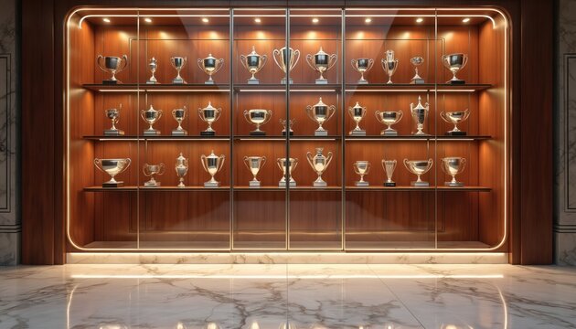 Luxurious trophy cabinet showcases many cups and awards on wooden shelves. Shiny metal prizes arranged neatly behind glass doors in opulent room. Interior design concept for achievement.