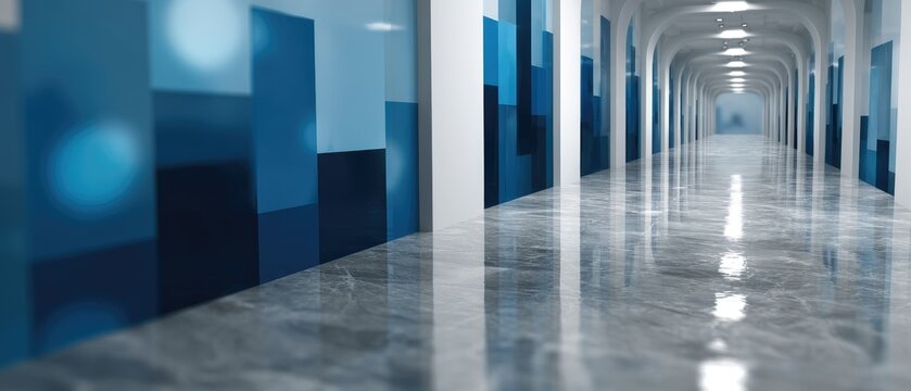 Modern Architectural Corridor with Polished Floors and Geometric Blue Wall Accents