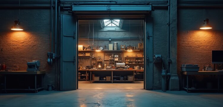 Illuminated workshop interior shows benches with tools and equipment. Brick walls and open garage door create industrial ambiance. Skylights provide natural light during nighttime operation.
