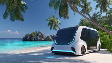 Naklejka premium Futuristic Electric Camper Van Concept Set in Tropical Island Adventure Landscape
