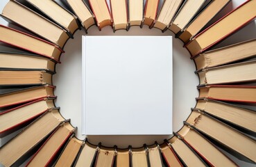 Blank white square book sits surrounded by many opened old books with colorful pages. This image represents knowledge, education, storytelling. Perfect for publishing, design, or creative projects.