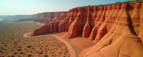 Drone captures dramatic aerial view of Angolas clay cliffs. Intense red rock formations display significant erosion patterns along winding dirt track. Landscape unique geological features, natural