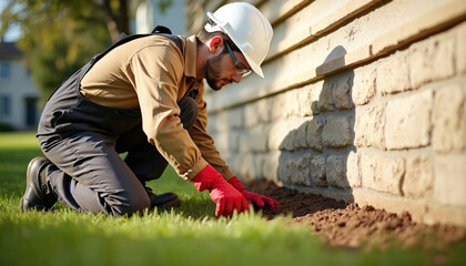 Pest control worker in uniform and hard hat applies chemical treatment around house foundation. Worker protects home from insects and termites. Professional pest exterminator works outside on grass.