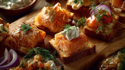 Elegant Salmon Hors D'Oeuvres on Toasted Bread with Cheese, Perfect Snack for Dinner Events