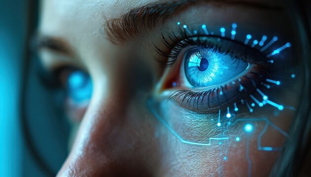 Close up of human eye with glowing blue digital tech patterns. Artificial intelligence concept shows neural network circuit. Person looks forward, processes data, interacts with future cyber reality.