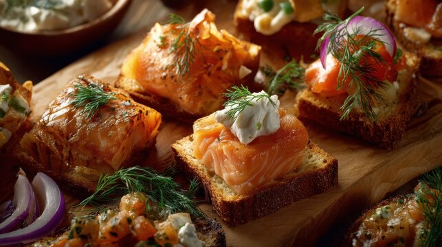 Elegant Salmon Hors D'Oeuvres on Toasted Bread with Cheese, Perfect Snack for Dinner Events