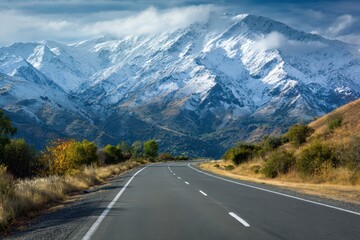 Fototapeta premium Asphalt Roadway Winding Through Lush Bushes Toward Majestic Snow-Capped Peaks