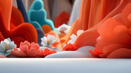 An abstract, colorful landscape featuring stylized flowers and flowing shapes, rendered with soft lighting and a focus on vibrant hues.