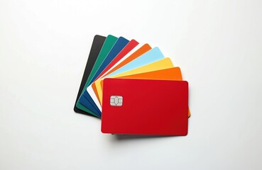 Many blank credit cards fanned out on clean white background. Various different colored banking plastic debit cards lay isolated together. Prominent top red card shows EMV chip for secure
