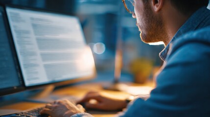 Worker using desktop AI software to automatically refine and structure resume text improving clarity and keyword relevance for job applications.