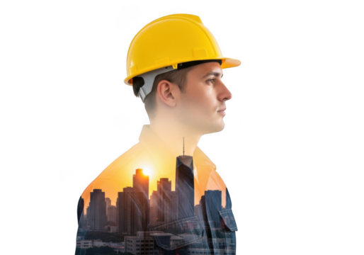 Profile of a construction worker wearing a yellow hard hat with a cityscape overlay isolated on transparent background
