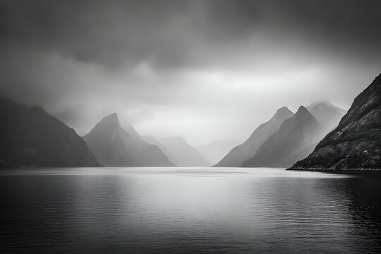A dramatic black and white landscape of a serene fjord surrounded by majestic, mist-shrouded mountains under a cloudy sky.