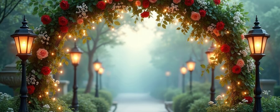 Garden arch with roses and lights. Street lamps line path in park. Evening scene evokes romance. Floral decor suitable for wedding or celebration themes.