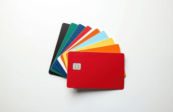 Many blank credit cards fanned out on clean white background. Various different colored banking plastic debit cards lay isolated together. Prominent top red card shows EMV chip for secure