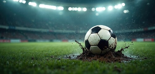 Soccer ball stuck in mud on wet grass field during nighttime stadium match. Rain falls on empty stadium seats blurred in background. Mud splash around ball.