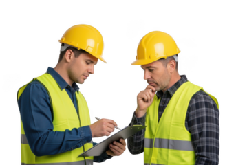 Two construction workers wearing yellow hard hats and high visibility vests discussing a document isolated on transparent background