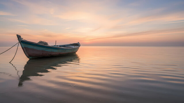 Small wooden boat floating on a calm ocean at sunset with pastel sky colors, minimalist composition. - Powered by Adobe