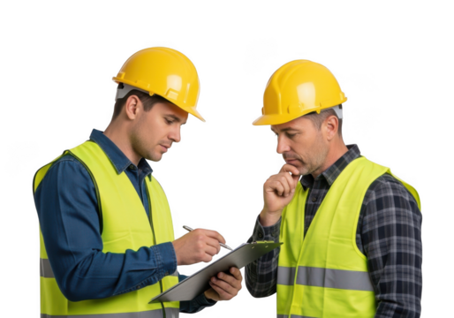 Two construction workers wearing yellow hard hats and high visibility vests discussing a document isolated on transparent background
