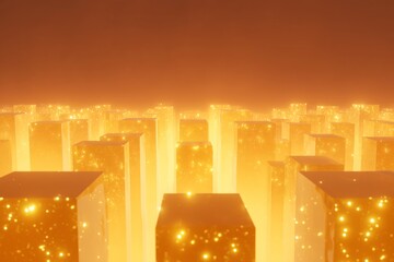 Floating grid of glowing citrine prisms arranged symmetrically, creating a mesmerizing visual effect with shimmering light and reflections in a captivating ambient atmosphere