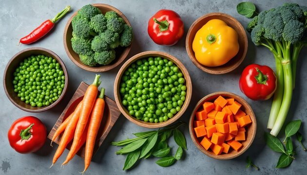 Top view of fresh vegetables arranged in wooden bowls. Colorful display includes broccoli carrots peas bell peppers, other healthy ingredients. Concept for cooking healthy food or cancer prevention.