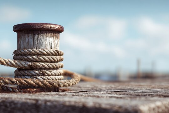 A close-up shot of a weathered wooden bollard with a thick rope tied around it on a pier.