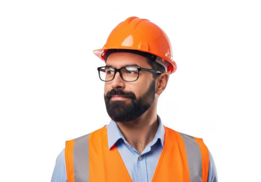 Bearded man wearing safety vest and hard hat looking to the side isolated on transparent background