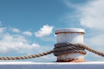 A close-up view of a weathered white bollard with a thick rope tied around it, set against a serene blue sky with white clouds.