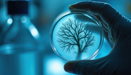 Gloved hand holds petri dish with tree like fractal growth. Lab analysis examines cell culture in blue toned research environment. Science experiment shows microscopic pattern.