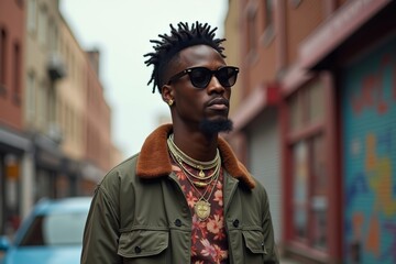 Stylish African American Man Posing in Urban Environment with Trendy Sunglasses and Streetwear Accessories