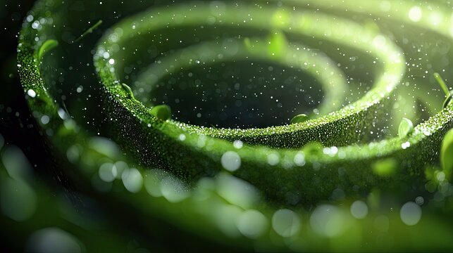 An abstract image of a green spiral with sparkling particles, creating a sense of growth and movement with soft, diffused lighting.