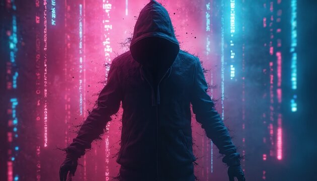 Anonymous hooded figure stands in vibrant digital environment. Glowing code lines cascade around person in pink, blue light. Image represents internet hacking, cyber security, data protection, tech