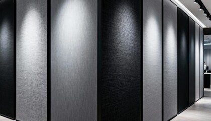 Medium shot of adaptive fabric panels adjusting texture and color dynamically to ambient light in a sleek showroom