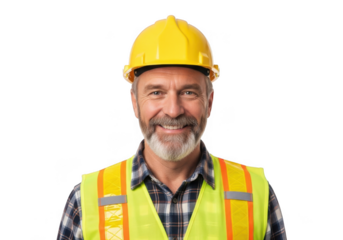 Smiling bearded construction worker wearing yellow hard hat and high visibility safety vest isolated on transparent background