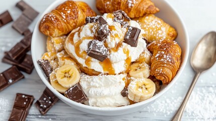 Delicious editorial brunch flat lay featuring French-style croissants, whipped cream, chocolate, and banana, creating a visually appealing dessert experience with rich textures
