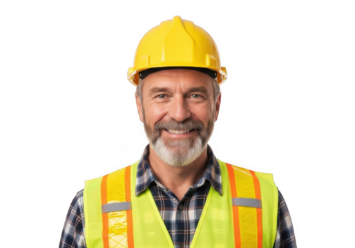 Smiling bearded construction worker wearing yellow hard hat and high visibility safety vest isolated on transparent background