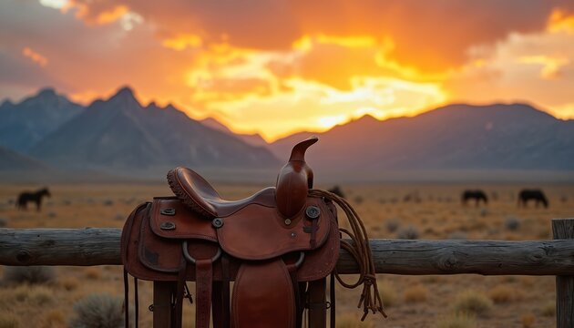 Leather saddle sits on wood fence. Horses graze on rural plain at sunset. Mountains form scenic backdrop. Nature scene conveys west heritage, ranching lifestyle, cowboy legacy, american west.