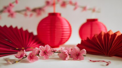 Festive Chinese New Year still life red lanterns pink blossoms evoke prosperity and seasonal cheer elegance