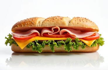 Fresh sub sandwich shows ham slices, yellow cheese, red tomato, green lettuce. It is in a sesame seed bun. This delicious deli item is a perfect meal or snack choice, isolated on white background.