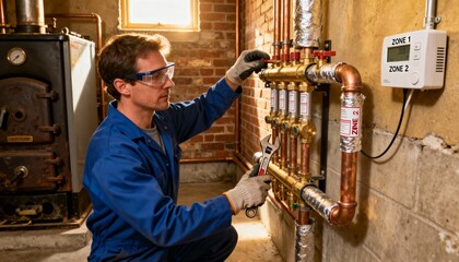 Retrofit hydronic heating system upgrade worker adds multiple zones to an existing boiler setup enhancing energy efficiency in older homes.