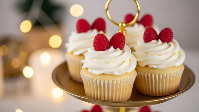 Vanilla cupcakes with raspberry topping on dessert stand