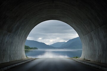 A dramatic view from inside a concrete tunnel opening to a serene lake surrounded by majestic mountains under a cloudy sky.