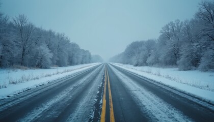 Icy highway covered by snow during winter storm. Road passes through snowy trees. Extreme weather conditions create hazardous travel. Dangerous driving is visible.
