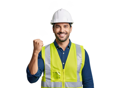 Smiling construction worker wearing a white hard hat and a bright yellow safety vest raising his fist in a gesture of triumph isolated on transparent background