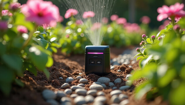 Smart home irrigation system waters flower garden. Tech device controlling water distribution in green home yard. Eco friendly tech solution optimizes water usage in a garden.