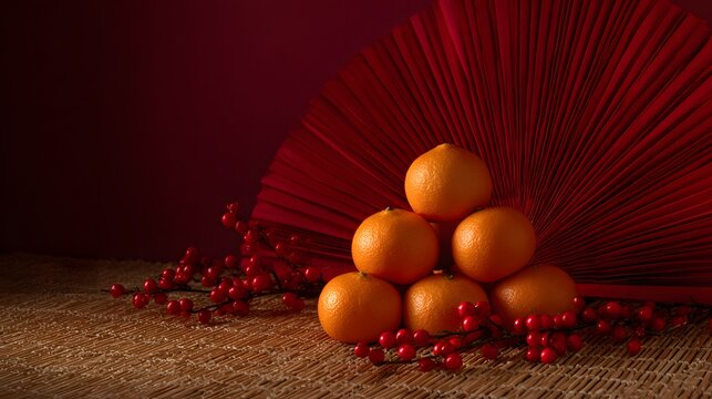 Festive Chinese New Year still life oranges on woven mat red fan lucky berries warm light celebration