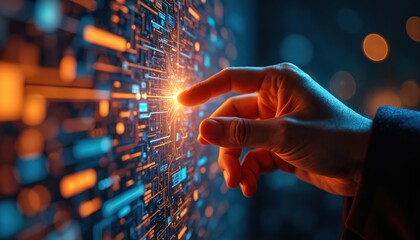 Hand touches glowing digital circuit board. Fingers contact bright light node. Tech background features lines of code. Innovation concept shows future tech interface.