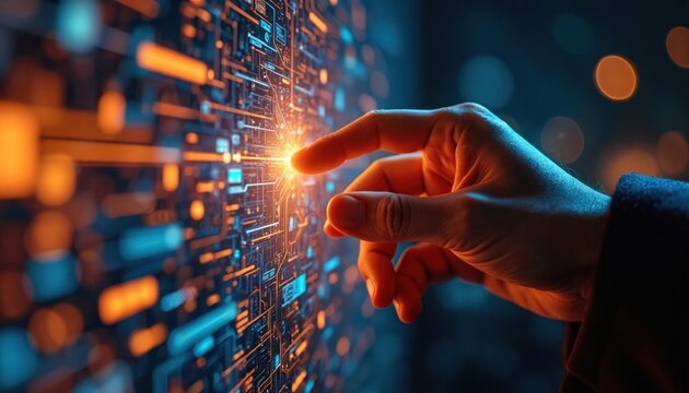 Hand touches glowing digital circuit board. Fingers contact bright light node. Tech background features lines of code. Innovation concept shows future tech interface.