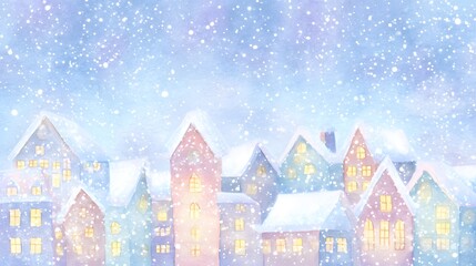 Charming winter town illustration cozy homes twinkling lights gentle snowfall festive pastel hues evoke childhood joy